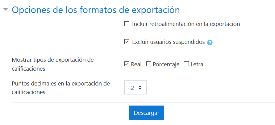 Opciones de formato de exportación