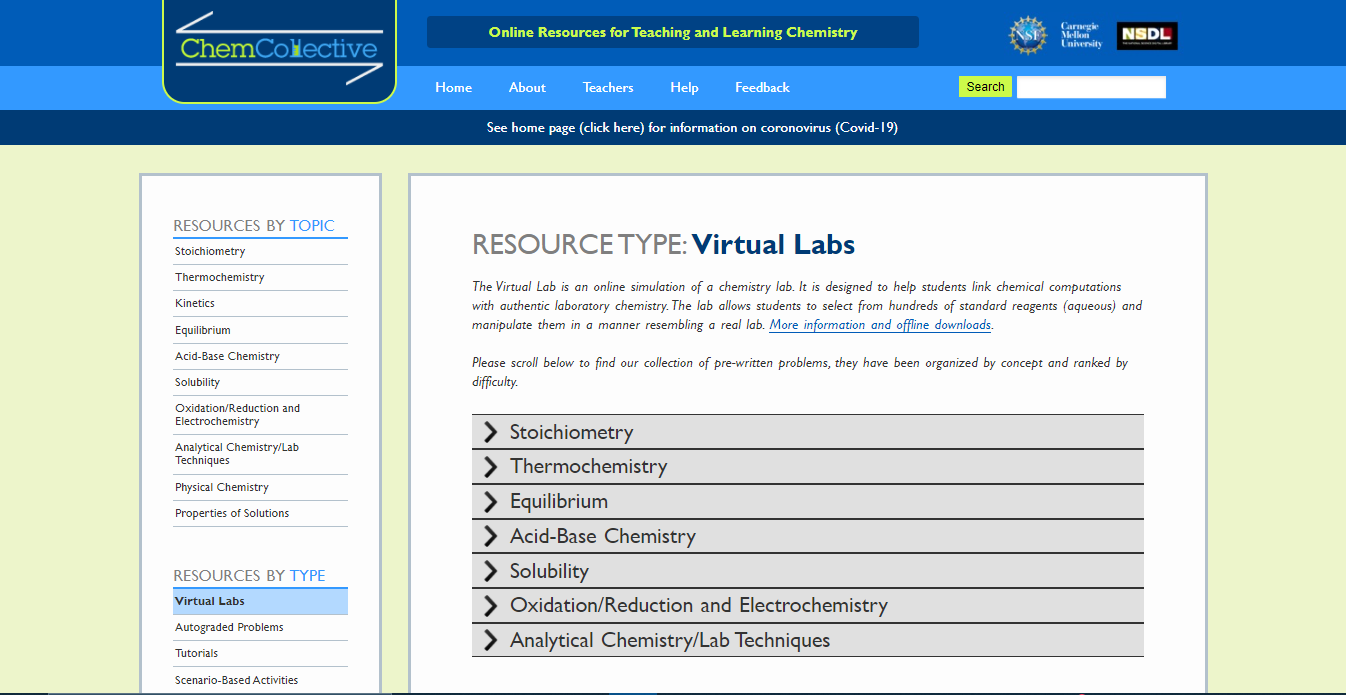 Página inicio Laboratorios Virtuales de ChemCollective