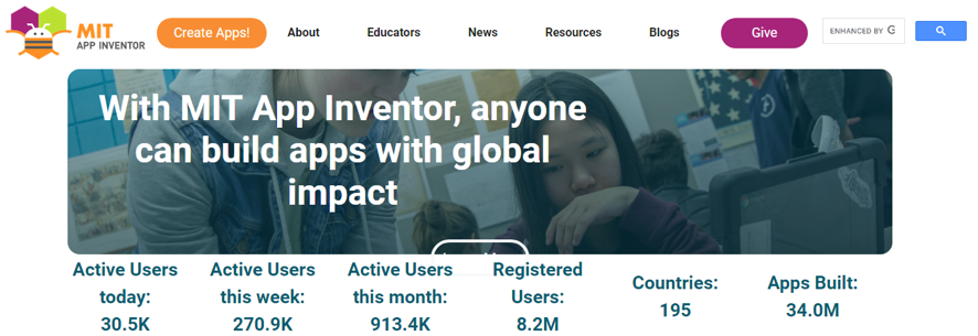 Captura de pantalla: Portal de Incio de App Inventor