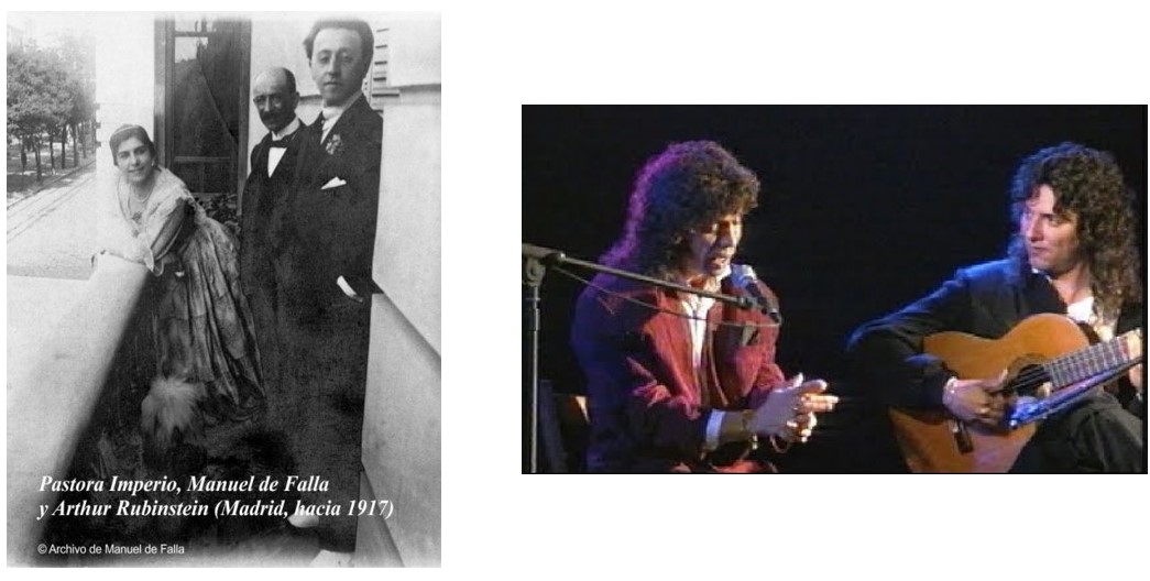 Imágenes de Pastora Imperio, Manuel de Falla y Arthur Rubinstein (izquierda) y artistas flamencos (derecha)