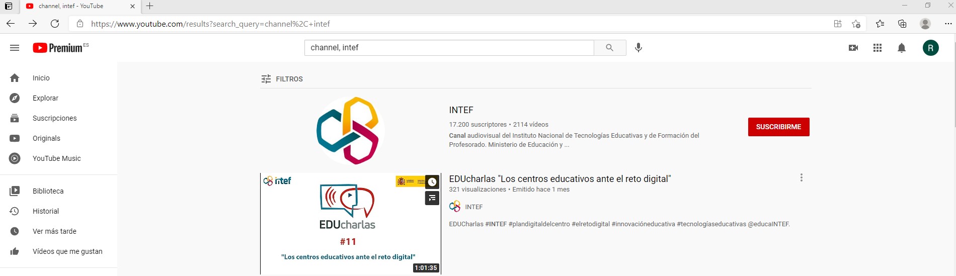 Imagen de cómo hacer la búsqueda del canal INTEF en YouTube